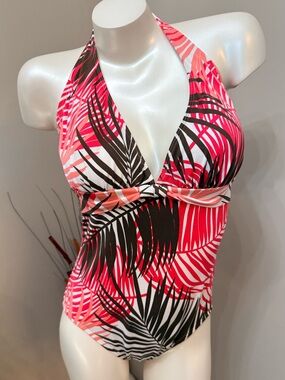 Tommy Bahama Tropical Print One Piece Swimsuit Sz 16 Coral/Pink Floral Halter